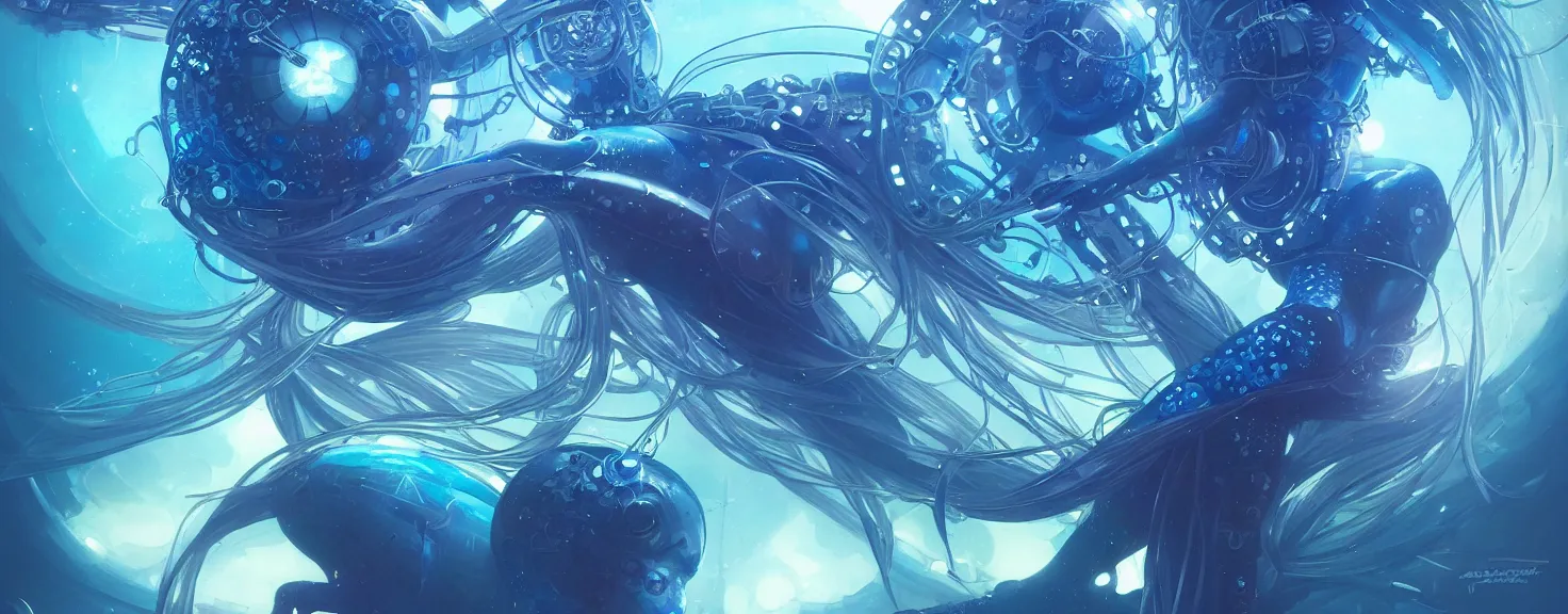 Image similar to cyberpunk jellyfish, blue tones, underwater, 8 mm, highly detailed, digital painting, artstation, concept art, smooth, sharp focus, illustration, art by artgerm and greg rutkowski and alphonse mucha