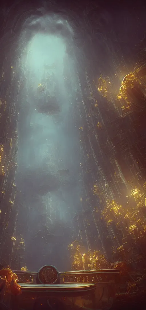 Prompt: pipe organ underwater with gold trim, by peter mohrbacher dan mumford craig mullins nekro, cgsociety, pixiv, volumetric light, 3 d render, smoke, dark fog, high contrast colors, lost atlantis