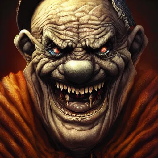 Image similar to digital painting of a wrinkled old scary clown by filipe pagliuso and justin gerard, fantasy, highly, detailed, realistic, intricate