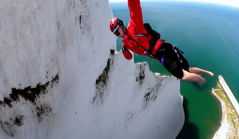 Image similar to gopro selfie video of queen elizabeth base jumping off the white cliffs of dover, wide - angle, motion blur