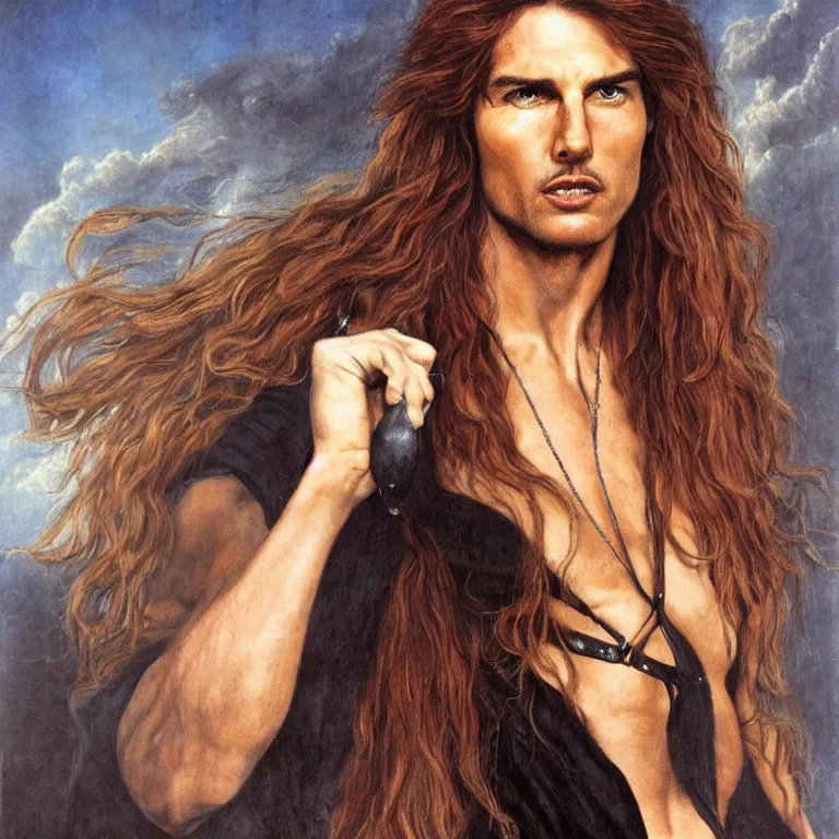 Image similar to Pre-Raphaelite portrait of Tom Cruise as the leader of a cult 1980s heavy metal band, with very long blond hair and grey eyes