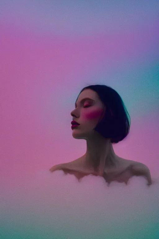 Image similar to high quality pastel coloured film close up wide angle photograph of a model wearing clothing swimming on cloud furniture in a icelandic black rock!! environment in a partially haze filled dreamstate world. three point light, rainbow. photographic production. art directed. pastel colours. volumetric clouds. pastel gradient overlay. waves glitch artefacts. extreme facial clarity. 8 k. filmic.