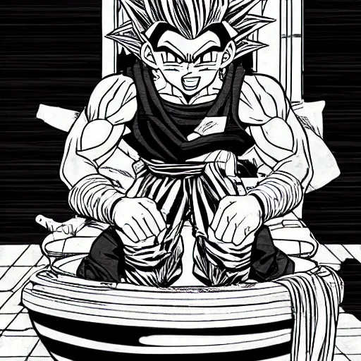 Image similar to highly detailed pen and ink shonen jump son goku sitting on toilet seat powering up illustrated by constipated akira toriyama