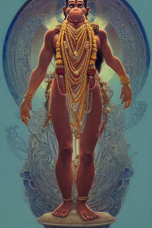 Image similar to a full body portrait of a beautiful ornated hanuman god, meditative sacral pose, hindu stages of meditation, intricate, elegant, highly detailed, digital painting, artstation, concept art, smooth, sharp focus, illustration, art by krenz cushart and artem demura and alphonse mucha