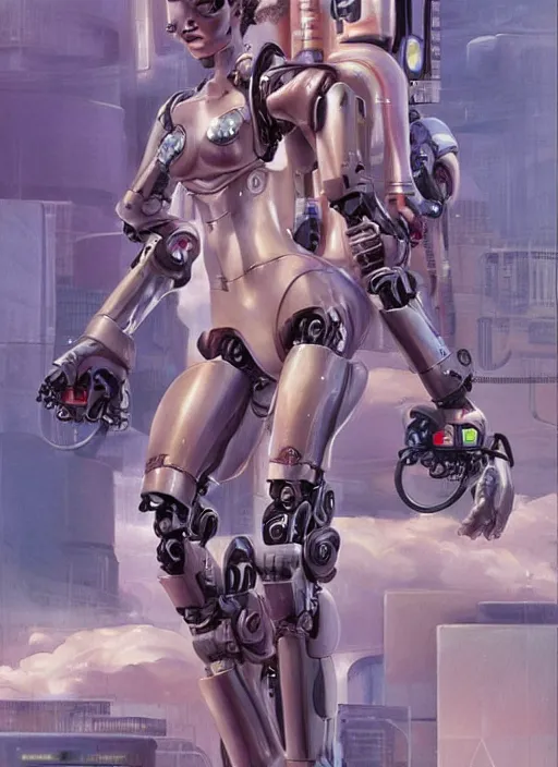 Prompt: An epic fantastic realism graphic novel cover style painting of a beautiful girl, riding on the shoulders, of a robot with four arms, robotics, short pigtails hair, cyberpunk, Concept world Art, ultrarealistic, hyperrealistic, dynamic lighting by Hajime Sorayama