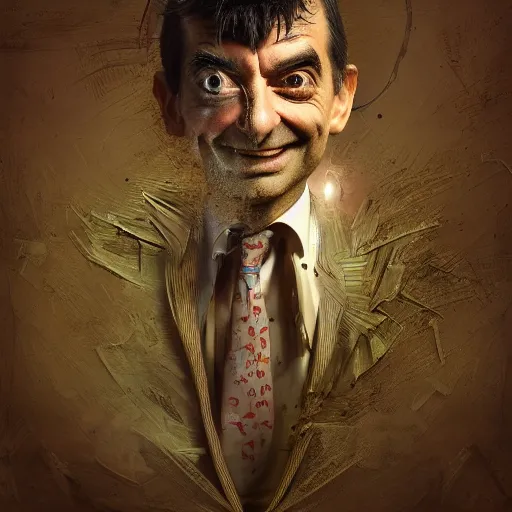 Prompt: Very very very very highly detailed epic central composition photo of Mr Bean face, intricate, happy stoner vibes, extremely detailed, digital painting, smooth, sharp focus, illustration, intimidating lighting, incredible art by Brooke Shaden, artstation, concept art, Octane render in Maya and Houdini