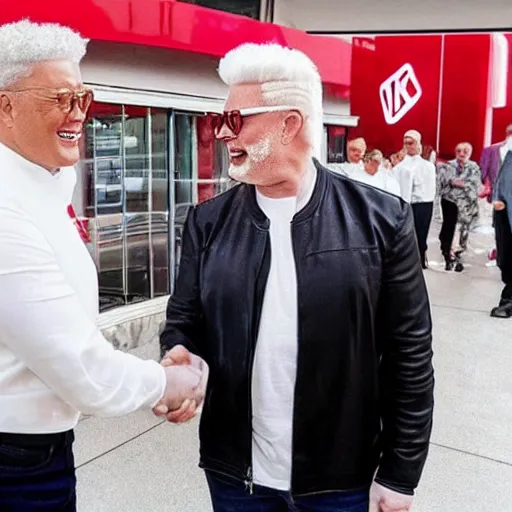 Prompt: photograph of Elon Musk shaking hands with Colonel Saunders in a grand opening of a KFC restaurant, high quality