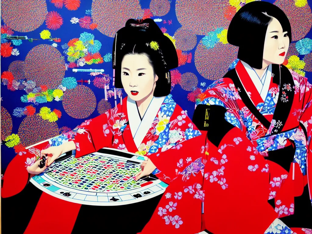 Prompt: hyperrealistic composition of the detailed woman in a japanese kimono sitting at a extremely detailed poker table with detailed darth vader, fireworks, mount fuji on the background, pop - art style, jacky tsai style, andy warhol style, acrylic on canvas