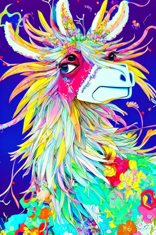 Prompt: maximalist joyful llama, trending on pixiv fanbox, painted by makoto shinkai takashi takeuchi studio ghibli, akihiko yoshida, yoshitaka amano, wangechi mutu, clean cel shaded vector art. shutterstock. behance hd by lois van baarle, artgerm, helen huang, rossdraws, illustration