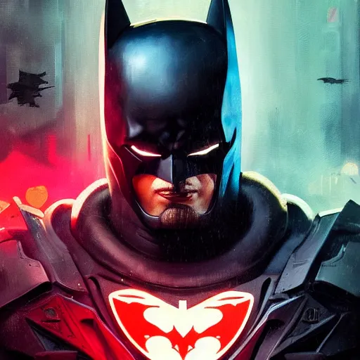 Image similar to cyberpunk batman with fullface mask, red bat logo, full shot, moody, futuristic, city background, brush strokes, oil painting, greg rutkowski