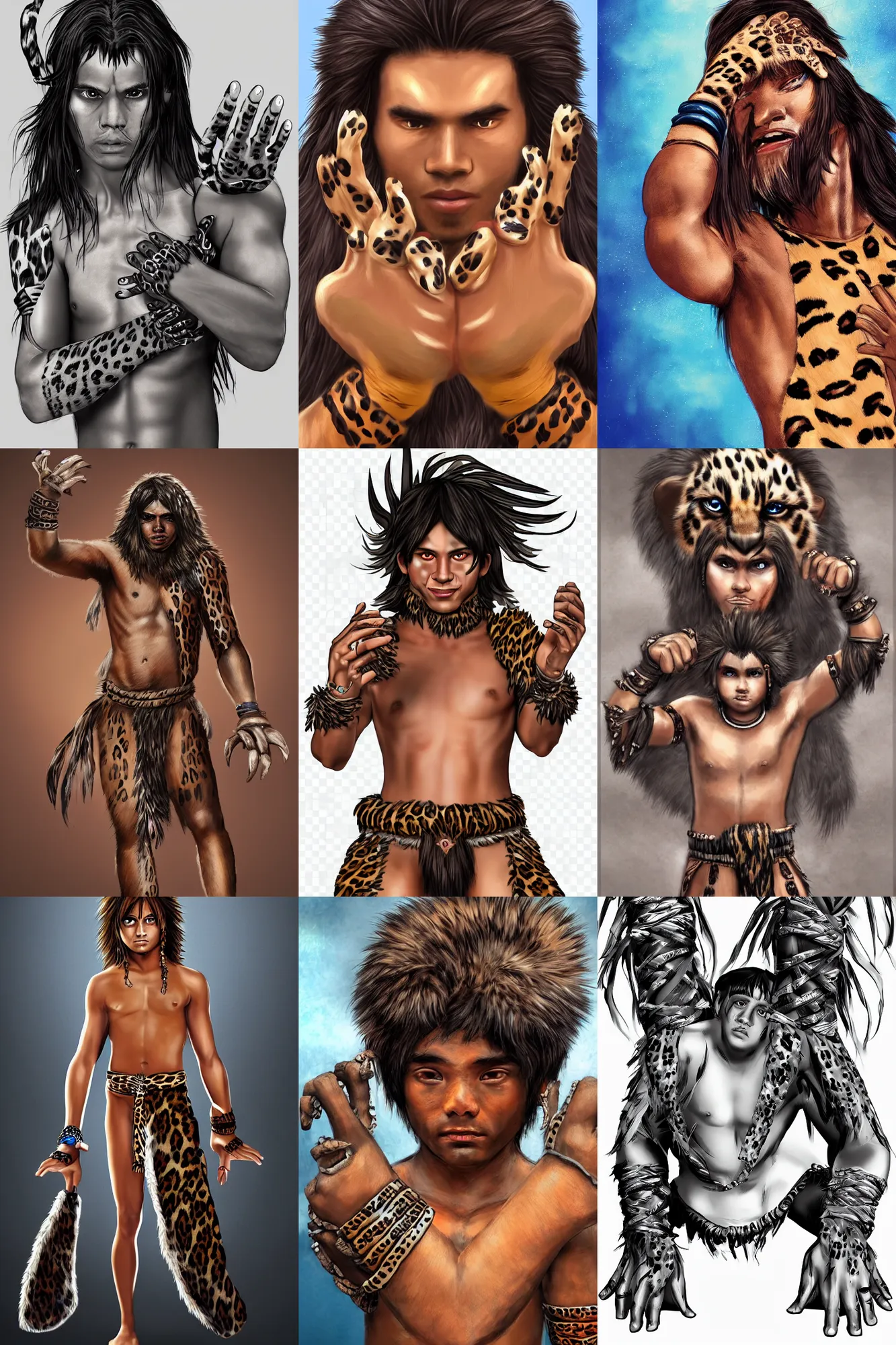 Prompt: digital art of closeup tribal boy with long hair, loincloth, leopard paws with claws on hands as gauntlet, showing his leopard paws to viewer, artstation