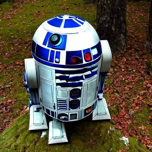 Prompt: rusted r 2 - d 2 in the forest