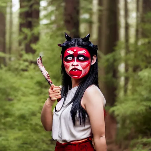 Image similar to Princess Mononoke as a real person, asian woman with red facepaint, determined expression, looking at the camera, standing next to a white wolf, in a forest, telephoto, backlit, 85mm lens, f1.8, highly detailed