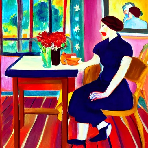 Prompt: a painting of a woman sitting at a table, a digital painting by isaac soyer, pixiv contest winner, american scene painting, digital illustration, digital painting, fauvism