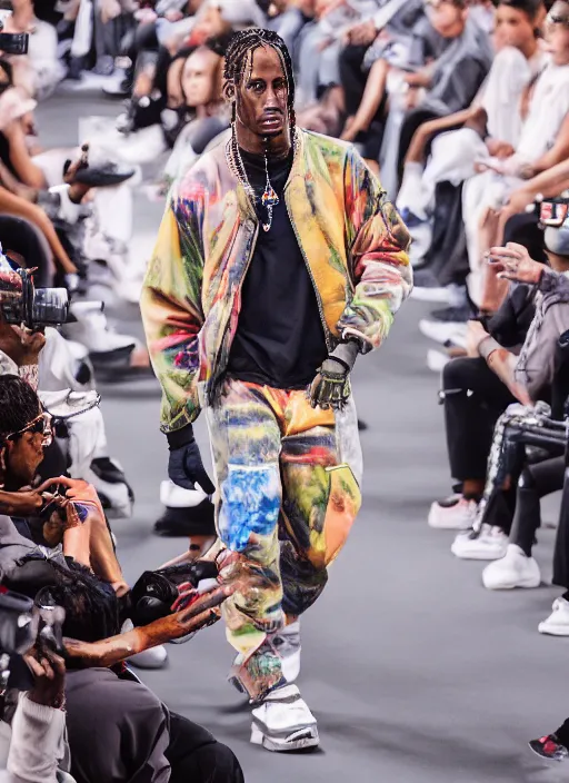 Image similar to hyperrealistic and heavy detailed nike runway show of travis scott, leica sl 2 5 0 mm, vivid color, high quality, high textured, real life