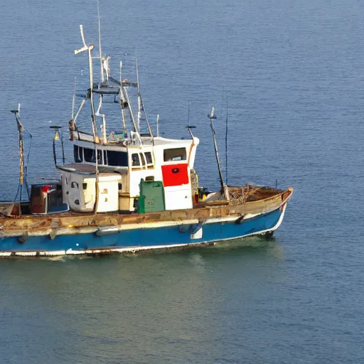 Image similar to very very realistic aerial drone shot of British fishing trawler