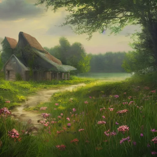 Prompt: a matte painting of a prairie, cottage close up, river, overgrown, patchy flowers, oil painting, pale colors, high detail, 8 k, wide angle, trending on artstation,