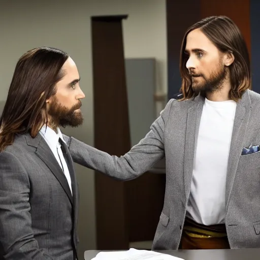 Image similar to jared leto meeting saul goodman in an interrogation room