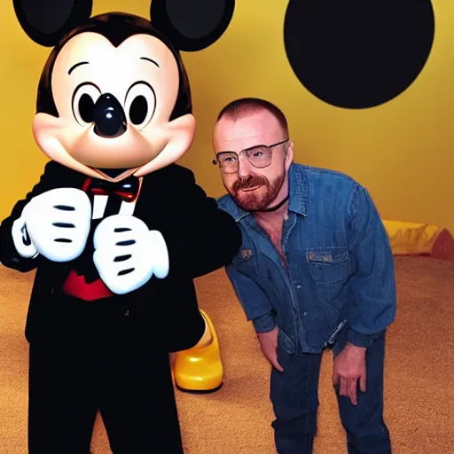 Image similar to walter white and jesse pinkman doing a selfie with mickey mouse, realistic