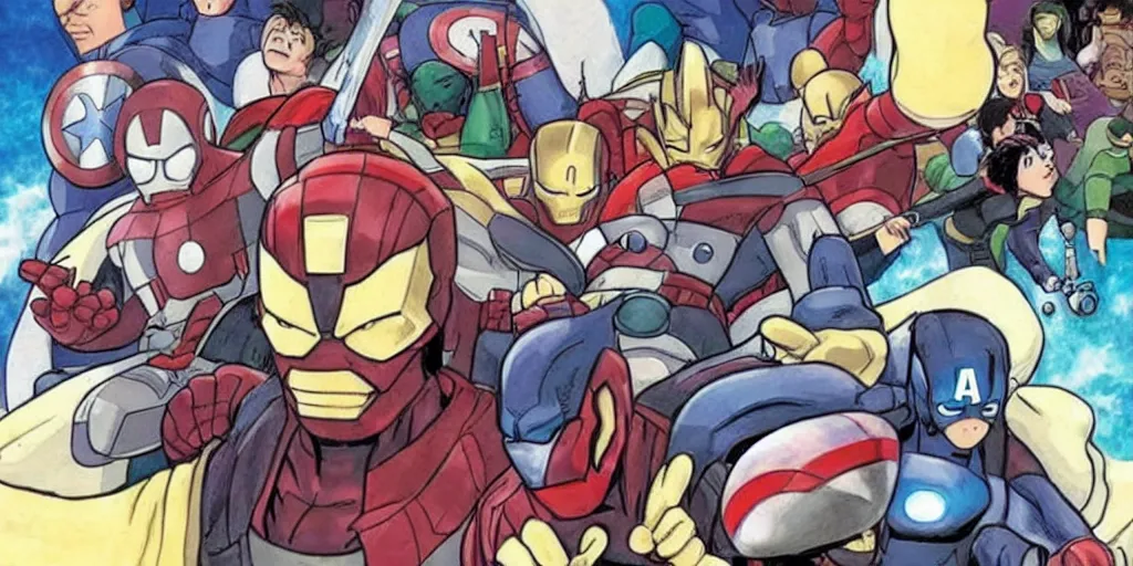 Prompt: studio ghibli image of marvel's the avengers fighting thanos