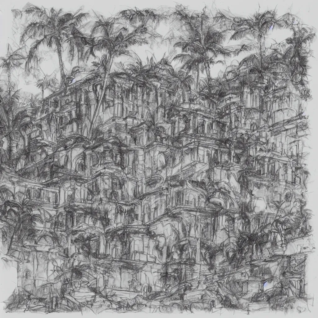 Image similar to vintage architectural drawing black and white sketch on yellowed paper. the sketch depicts an alien palace in a jungle. people wearing togas are walking around outside the palace. the page is ripped and burned