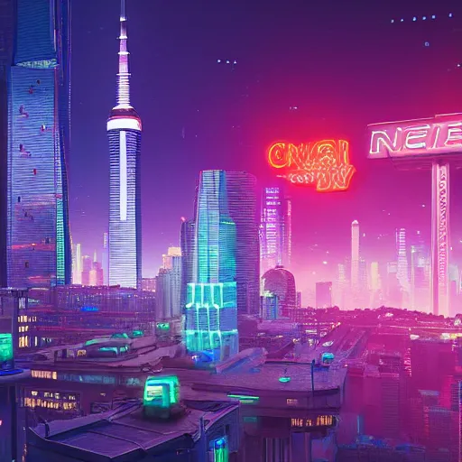 Image similar to Neon cyberpunk cityscape including CN tower of Toronto Canada with flying cars and advertisement screens, Blender 3D, Unreal Engine, 8k, by Jordan Grimmer and Andrea Pozzo