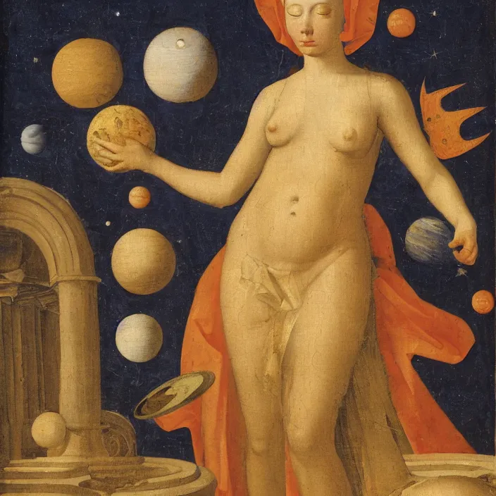 Image similar to a goddess with planets around her head, early netherlandish painting,