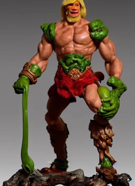 Image similar to flesh - toned heman anthropomorphic pea legume action figure, spherical green head, diffuse lighting, photographic fantasy, intricate detail, elegant, highly detailed, lifelike, photorealistic, artstation, art by john collier, frank frazetta, albert aublet, krenz cushart, artem demura and alphonse mucha