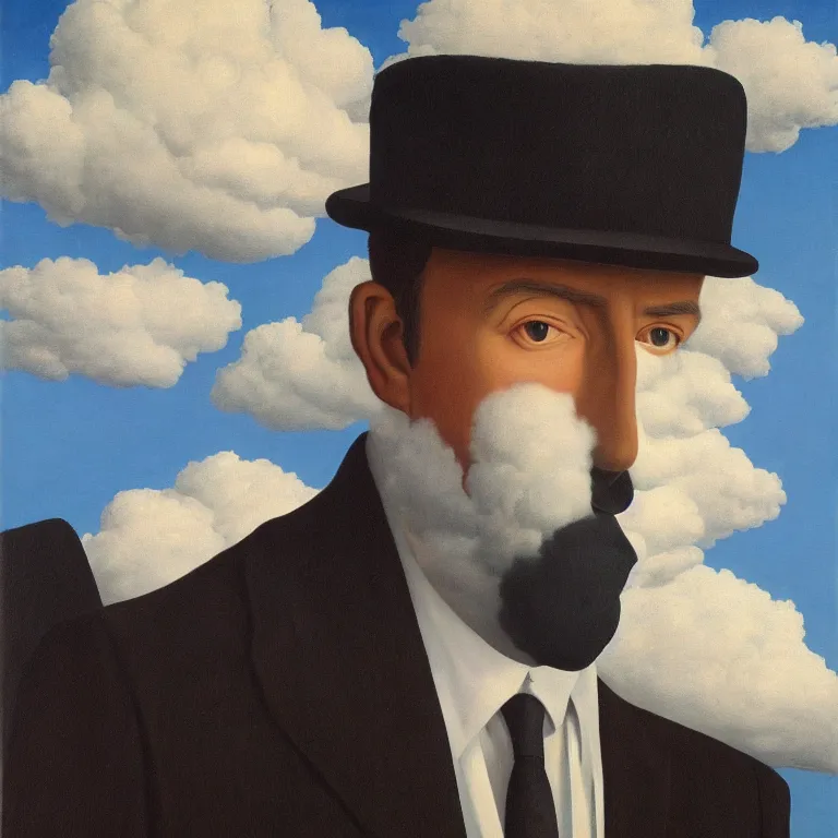 Image similar to portrait of a man made out of clouds in a suit, by rene magritte, detailed painting, hd, hq, high resolution, high detail, 4 k, 8 k