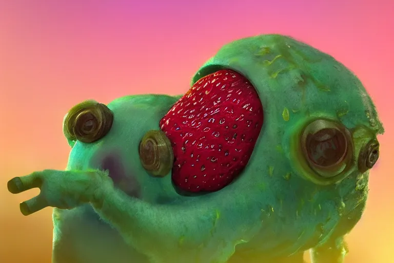 Image similar to the cutest tardigrade spitting in strawberries artstation golden hour trending on Flickr pink and green cinematic high details photorealistic 35mm