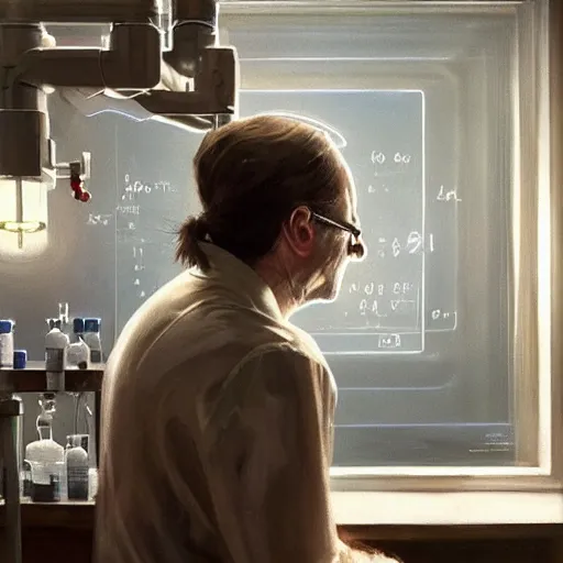 Image similar to epic masterpiece of cinematographic hyperrealism where a scientist appears in a laboratory. realistic shaded lighting poster by craig mallismo, artgerm, jeremy lipkin and michael garmash, unreal engine, radiant light, detailed and intricate environment, digital art, art station trends