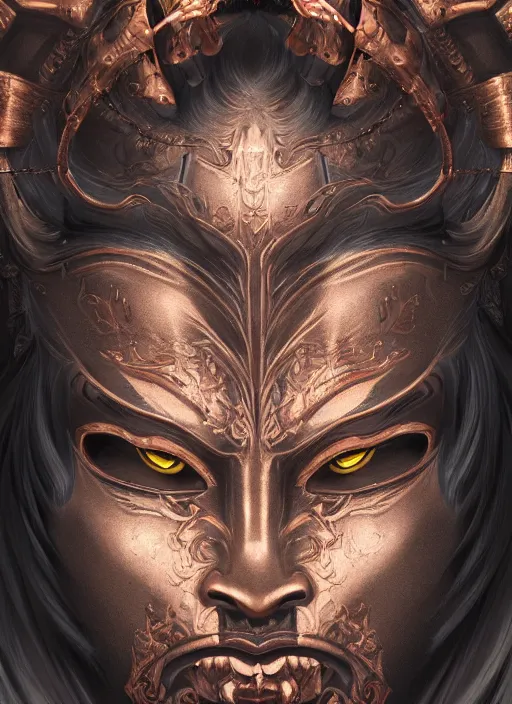 Prompt: a beautiful detailed oil on copper art illustration of a oni hannya mask shogun woman, centered, by charlie bowater, zeng fanzh, trending on artstation, dim dusk lighting, cinematic lighting, detailed lighting, volumetric lighting, realistic, f 8, 4 k hd wallpaper