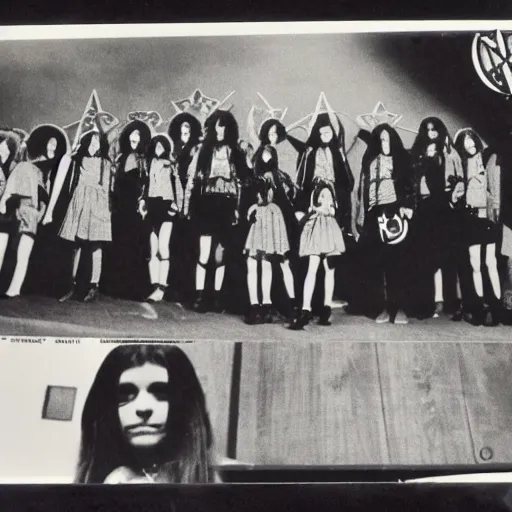 Prompt: Satanic States of America, alternate history, 1970s, girl scouts, goth girl scouts,scours, Satanic girl scouts, black clothing, occult ritual, 1977, 16mm photograph -9