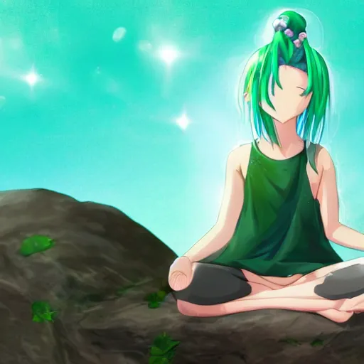 Prompt: anime girl with green hair meditating on a rock, beautiful face, pretty face, serene, sunshine rays, 8 k resolution, digital art