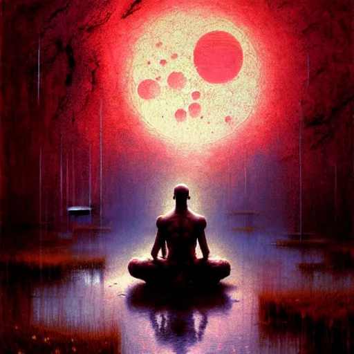 Image similar to the crimson moon shatters far above, a placid cross legged figure floating above pond by craig mullins, ruan jia, liang mark, beksinski, wayne barlowe, peter gric, jama jurabaev