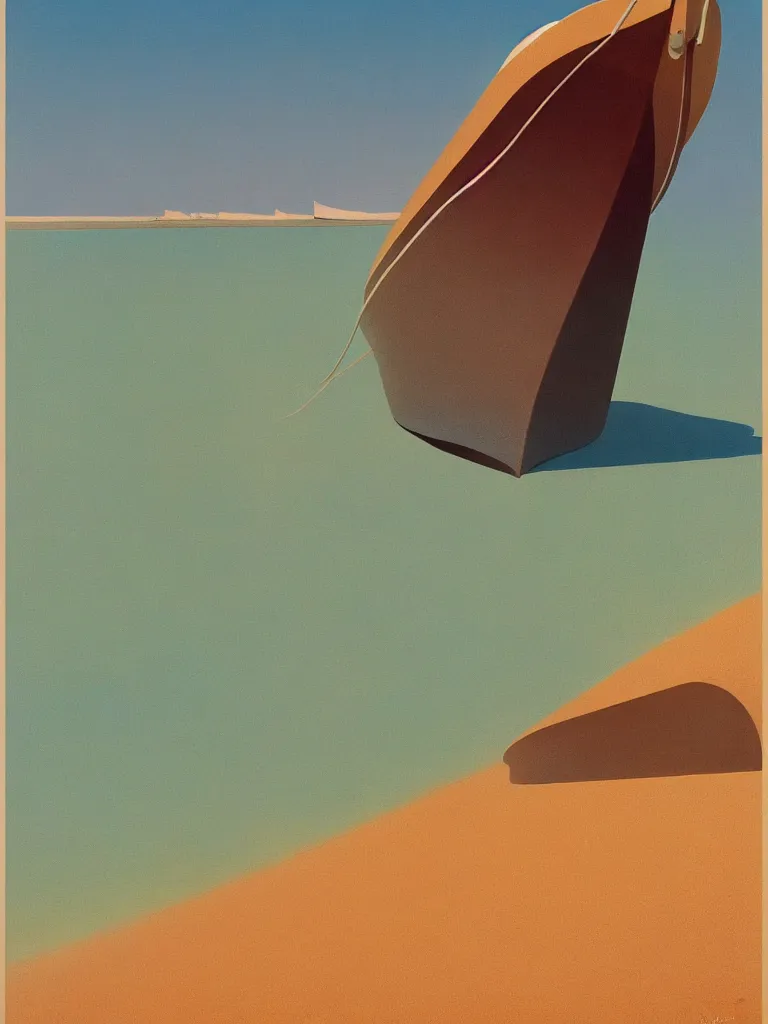 Image similar to a neo retro poster a boat near dune du Pilat, australian tonalism, pale gradients design, matte drawing, clean and simple design, outrun color palette. painted by Morandi, Agnes Pelton