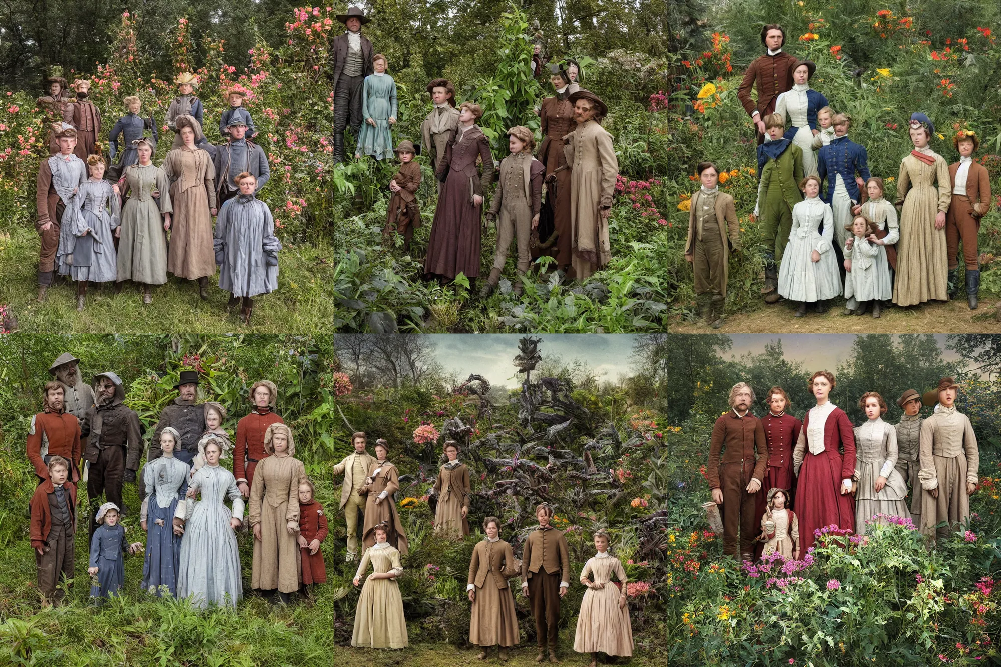 Prompt: highly detailed, 8192k film, 7000mm film still from a sci fi blockbuster color movie made in 2019, set in 1860, of a family standing in a park, next to some strange alien plants and flowers, on an alien planet, the family are all wearing 1860s era clothes, good lighting, good photography