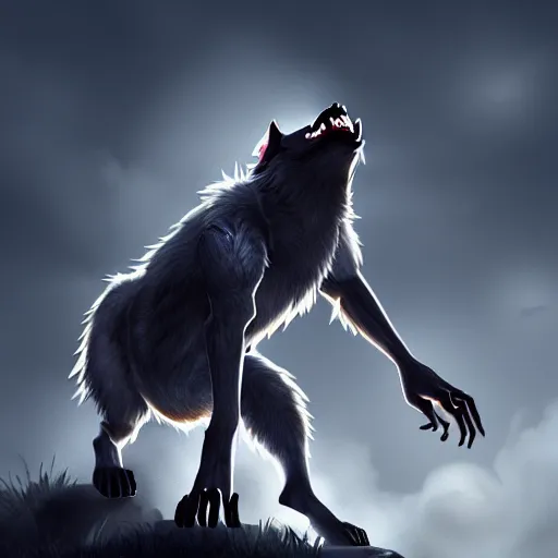 Image similar to werewolf howling at the full moon, side angle, artstation, digital art, dark, highly detailed