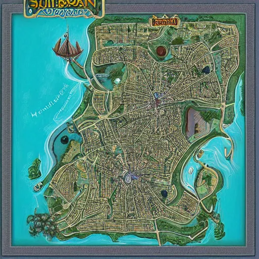 Image similar to overhead dnd map of a small suburban coastal town by mike schley,