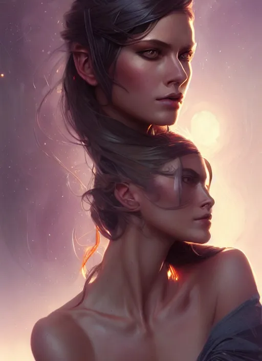 Image similar to futuristic woman portrait, sci-fi, amber eyes, face, long hair, fantasy, intricate, elegant, highly detailed, digital painting, artstation, concept art, smooth, sharp focus, illustration, art by artgerm and greg rutkowski and alphonse mucha