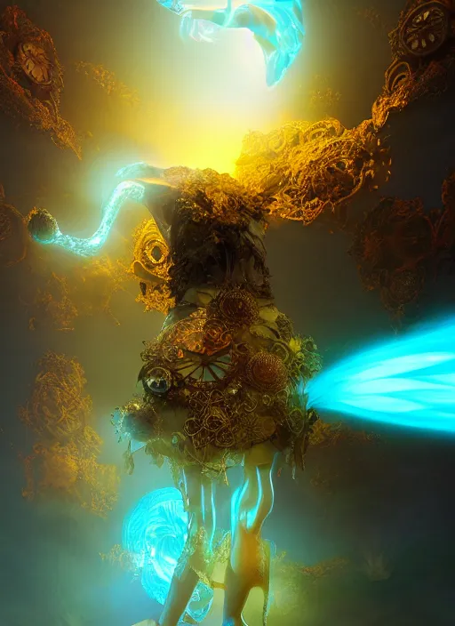 Image similar to flowers within the whole infinite capsule apparent with awe the apparition, an idea seep's into infinity highly detailed in volumetric latent space, golden turquoise steampunk, high contrast cinematic light, mystical shadows, sharp focus, divine realm of gods, octane render, artist by boris vallejo,