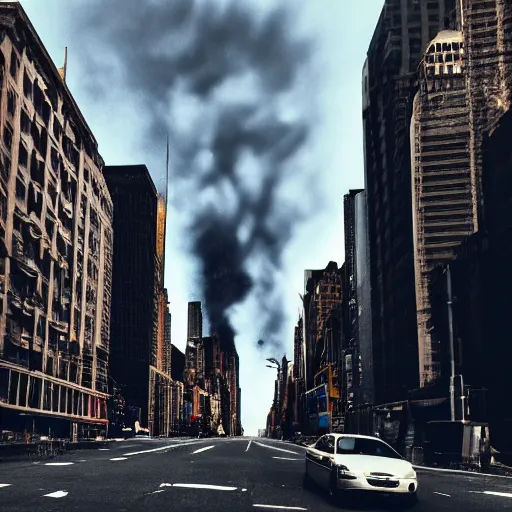 Image similar to a view of apocalyptic new york street from perspective of car window