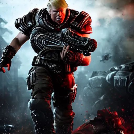 Image similar to Photo portrait of Donald Trump as Spartan in Gears of War, splash art, movie still, detailed face, photorealistic facial features, cinematic lighting, dramatic, octane render, long lens, shallow depth of field, bokeh, anamorphic lens flare, 8k, hyper detailed, 35mm film grain