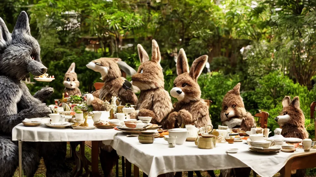 Image similar to film still from the movie chappie outdoor park plants garden scene bokeh depth of field several figures sitting down at a table having a delicious grand victorian tea party crumpets furry anthro anthropomorphic stylized cat ears wolf muzzle head fox fur rabbit bunny
