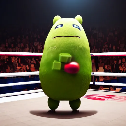 Prompt: cinematic photograph of elon musk in an avacado, japanese mascot, in a boxing ring, 4 k, cinemqtic lighting, high quality photography, mid shot