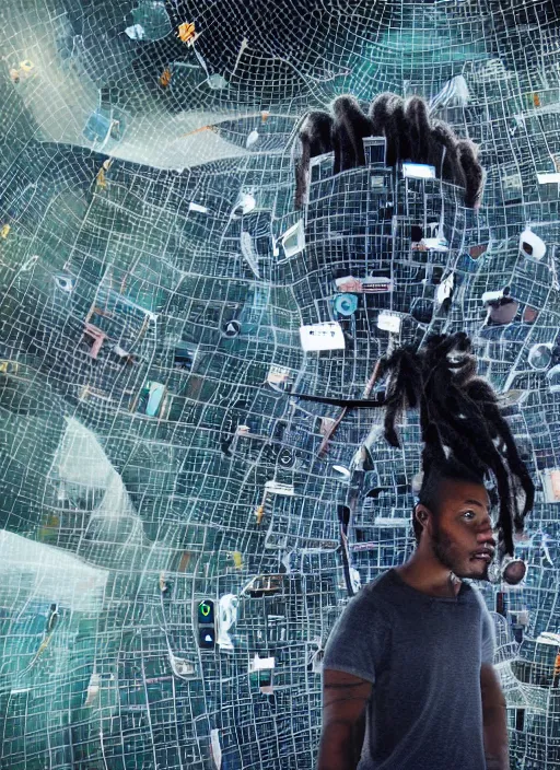 Image similar to man with dreadlocks in a room with many screens of different sizes and styles, his hair is like cables that keep him connected to all the screens and to the interplanetary network. on the screens there are images of him, of cities, planets and glitches, cosmic tech conceptual dystopian art