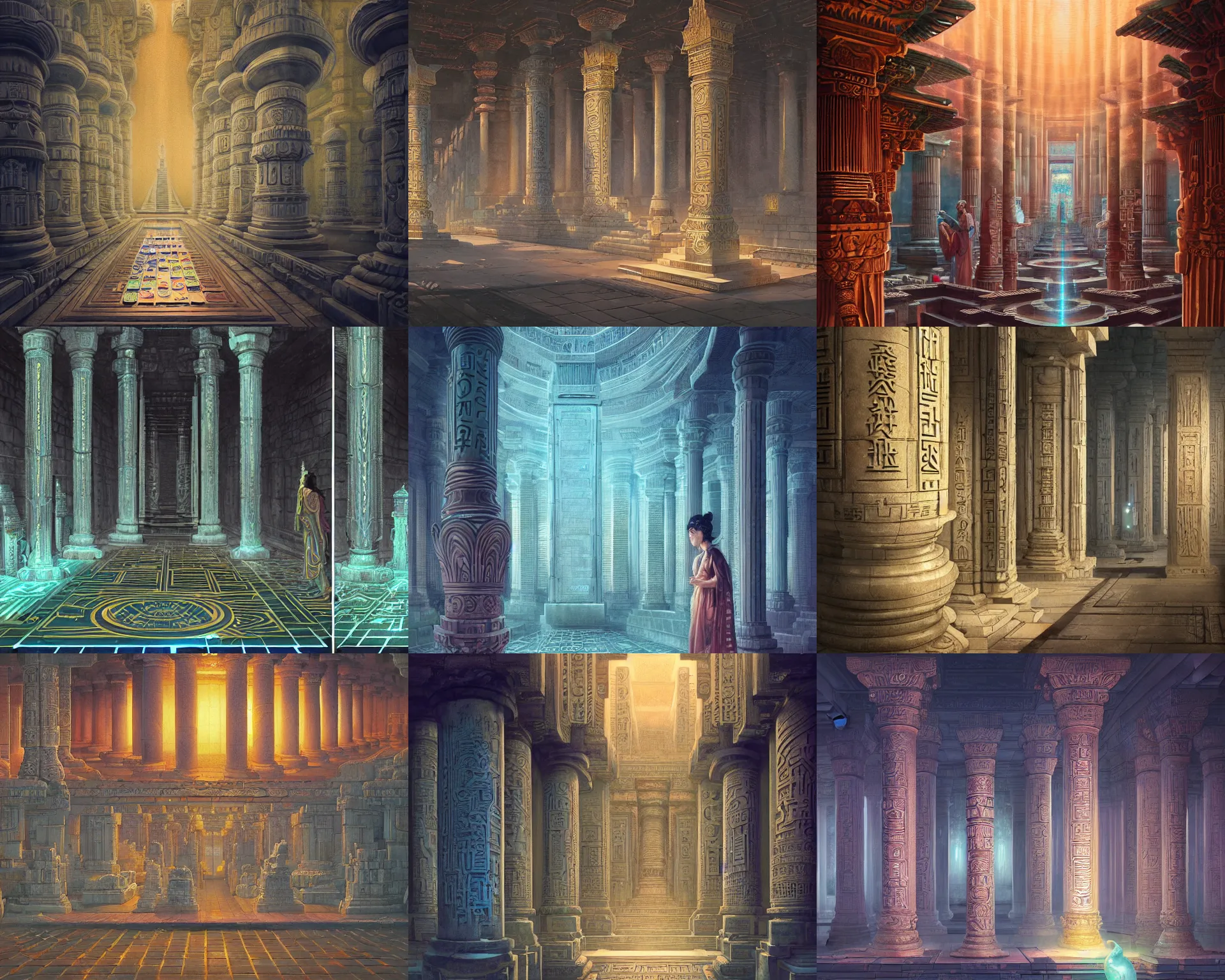 Prompt: hologram pillars with the alphabet engraves on it in a temple, magnificent, close up, details, sharp focus, elegant, highly detailed, illustration, by Jordan Grimmer and greg rutkowski and PiNe(パイネ) and 薯子Imoko and 香川悠作 and wlop and maya takamura, intricate, beautiful, Trending artstation, pixiv, digital Art