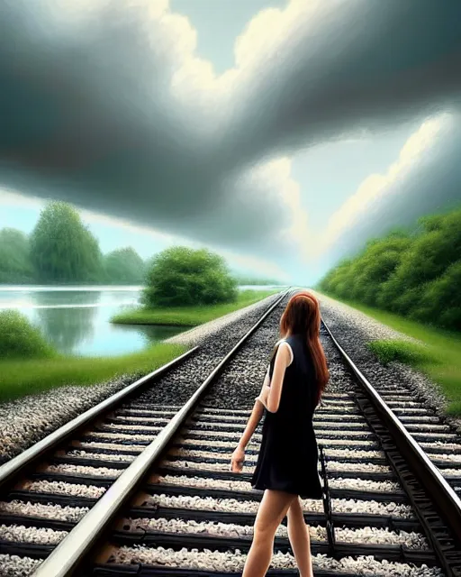 Prompt: shallow reflective water completely covers submerged train tracks as a girl walks along carrying her shoes, there is a train station in the distance and large white clouds on a wide horizon, intricate, elegant, highly detailed, digital photo, artstation, concept art, smooth, sharp focus, illustration, art by artgerm and greg rutkowski and fra angelico