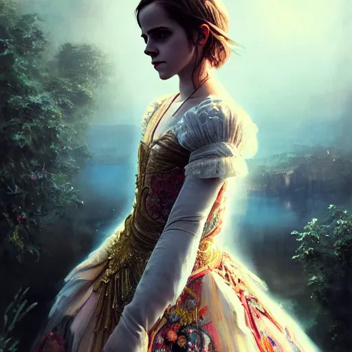 Prompt: emma watson as a beautiful young girl in intricate clothing by ross tran, walking in a castle painted by sana takeda, rtx reflections, very high intricate details, painting, digital anime art, medium shot, mid - shot, composition by ilya kuvshinov, lighting by greg rutkowski