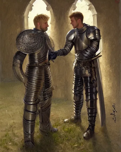 Prompt: attractive arthur pendragon confesses his love to his attractive male knight, they are close to each other, in a quiet moment, informal cloths, highly detailed, very intricate, cinematic lighting, by donato giancola and rossdraws and magali villenueve, featured on artstation